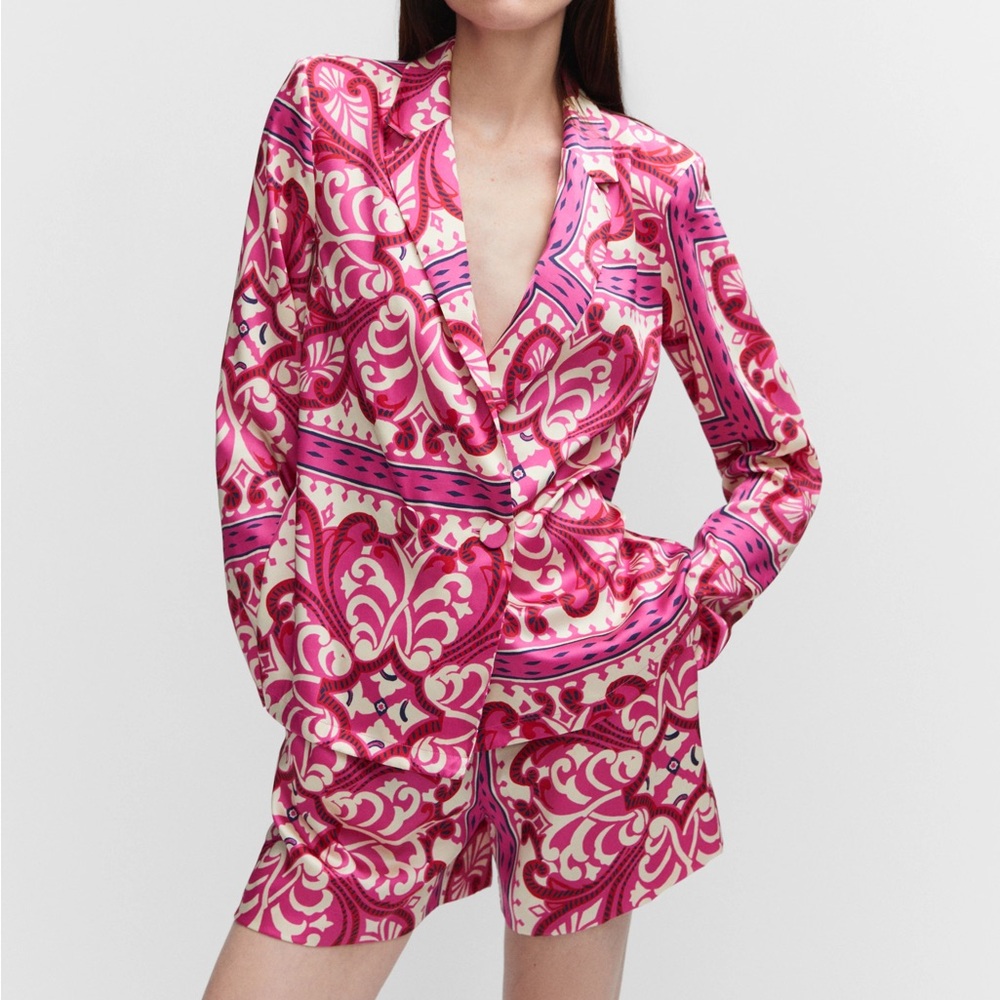MANGO MNG Pink Design Lapel Blouse Button Down Paisley Workwear